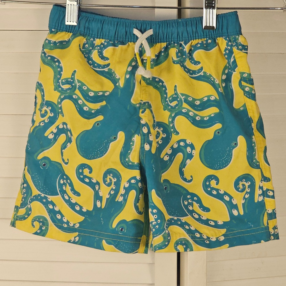 Mini Boden Boys Yellow Blue‎ Octopus Board Shorts Swim Trunks 5 6